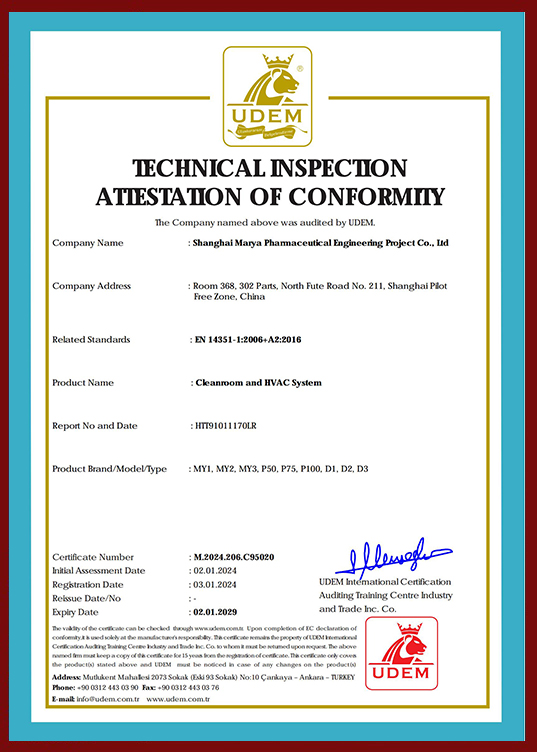 Certificado CE para salas blancas y sistema HVAC